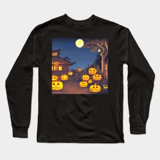 Scary Pumpkin Patch Pumpkin Faces Smiling in Town of Halloween Season Long Sleeve T-Shirt